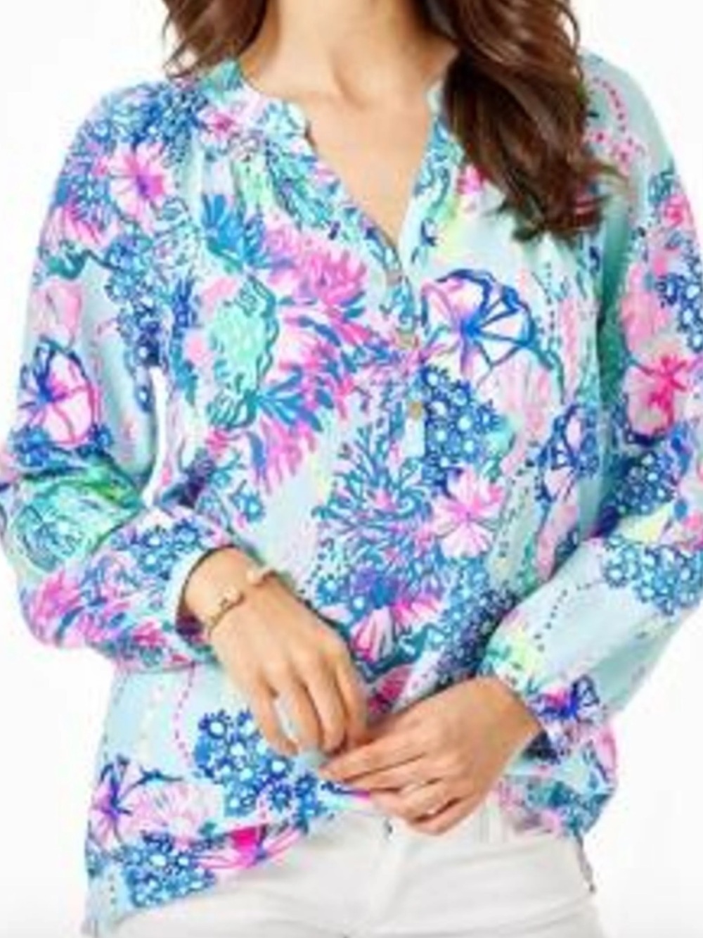 Lilly Pulitzer Elsa Silk Blouse Top Size Large Beach You to It Long Sleeves NEW